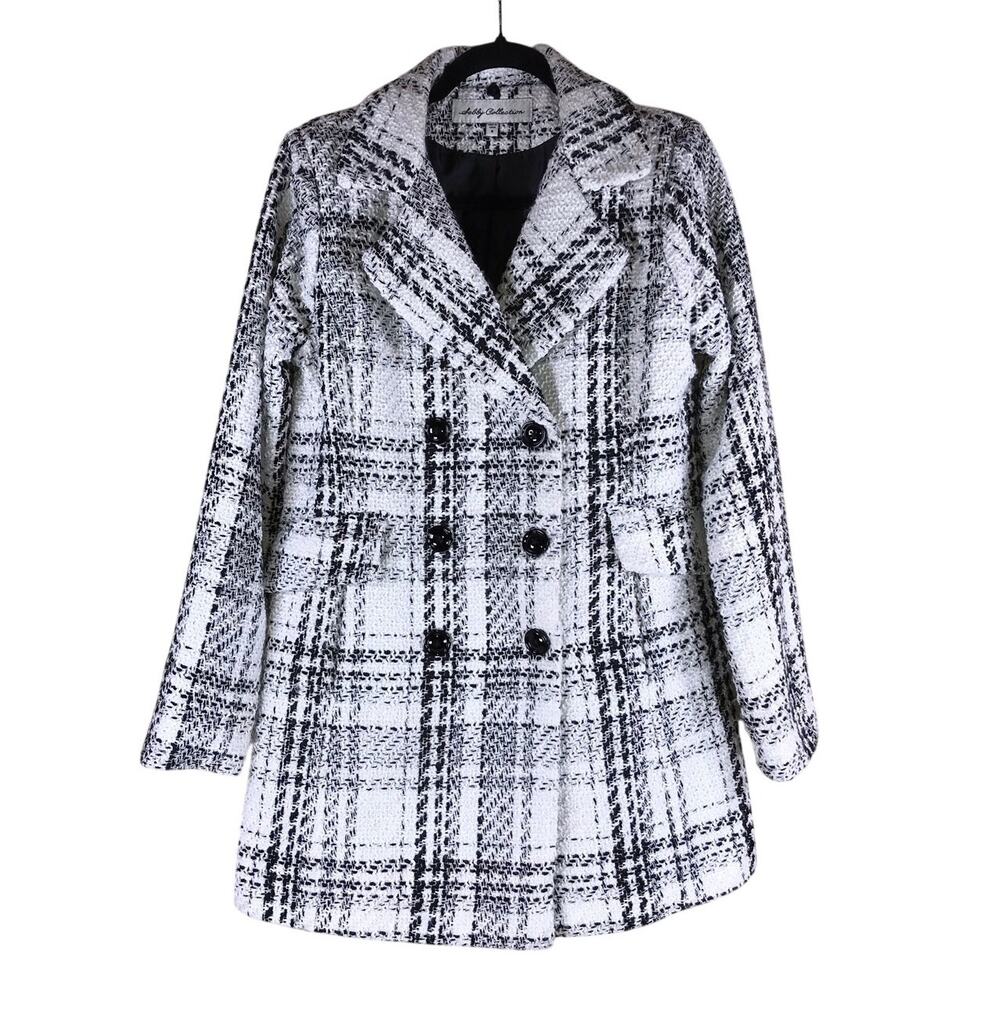 Sebby Collection Peacoat Women’s Small Black White Plaid Double Breasted Coat
